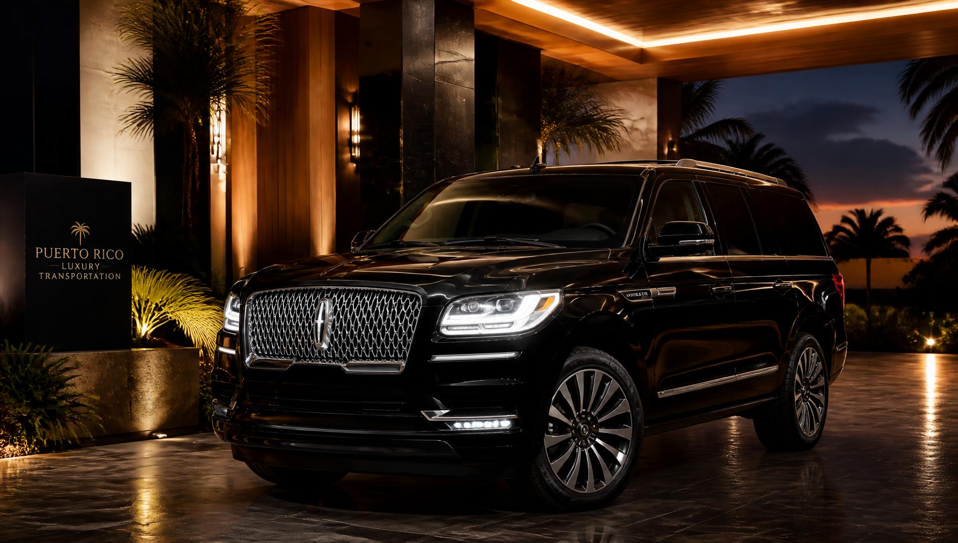 Black luxury Lincoln Navigator SUV at an upscale Puerto Rico residence entrance